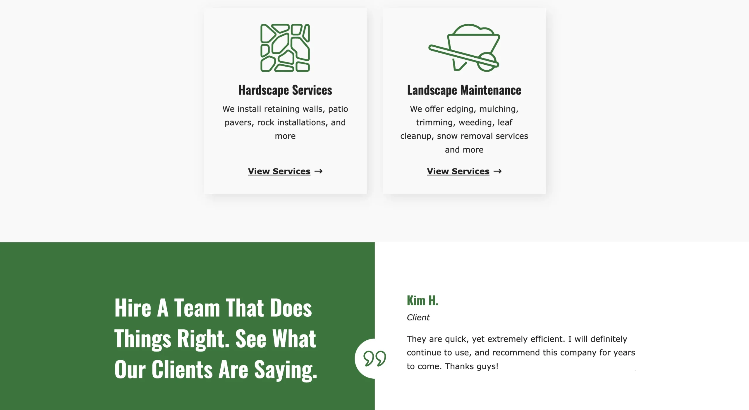 412 Landscaping Services and Testimonials Sections