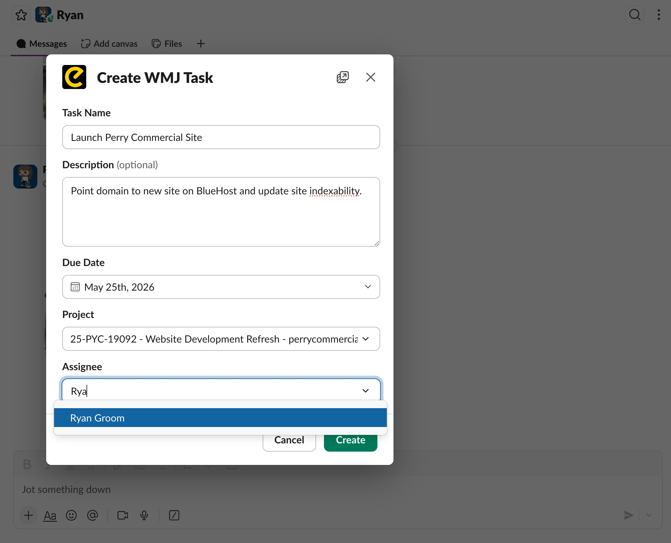 Workamajig Slack Integration Task Form Pop-Up