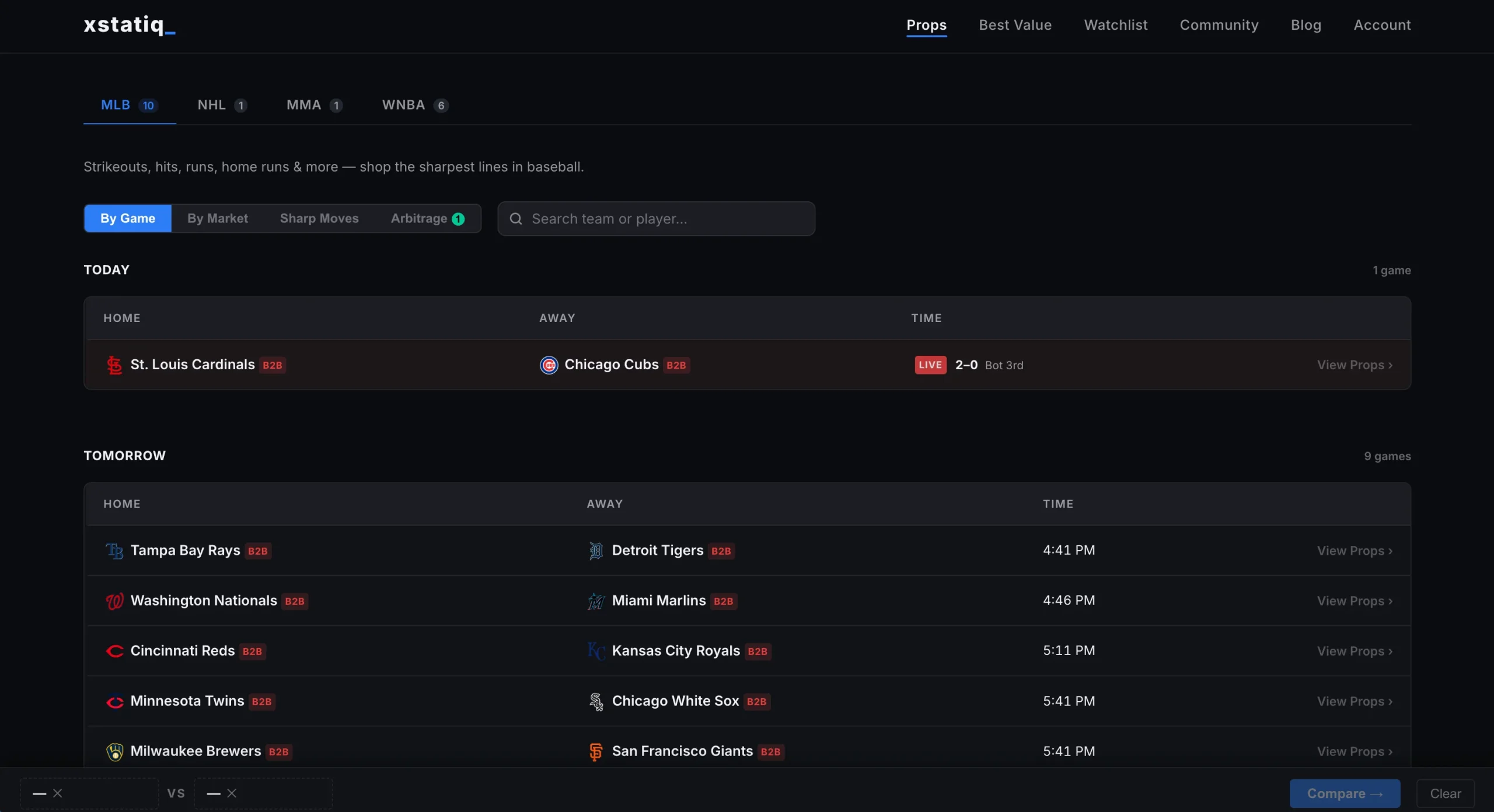 xstatiq MLB Game List View