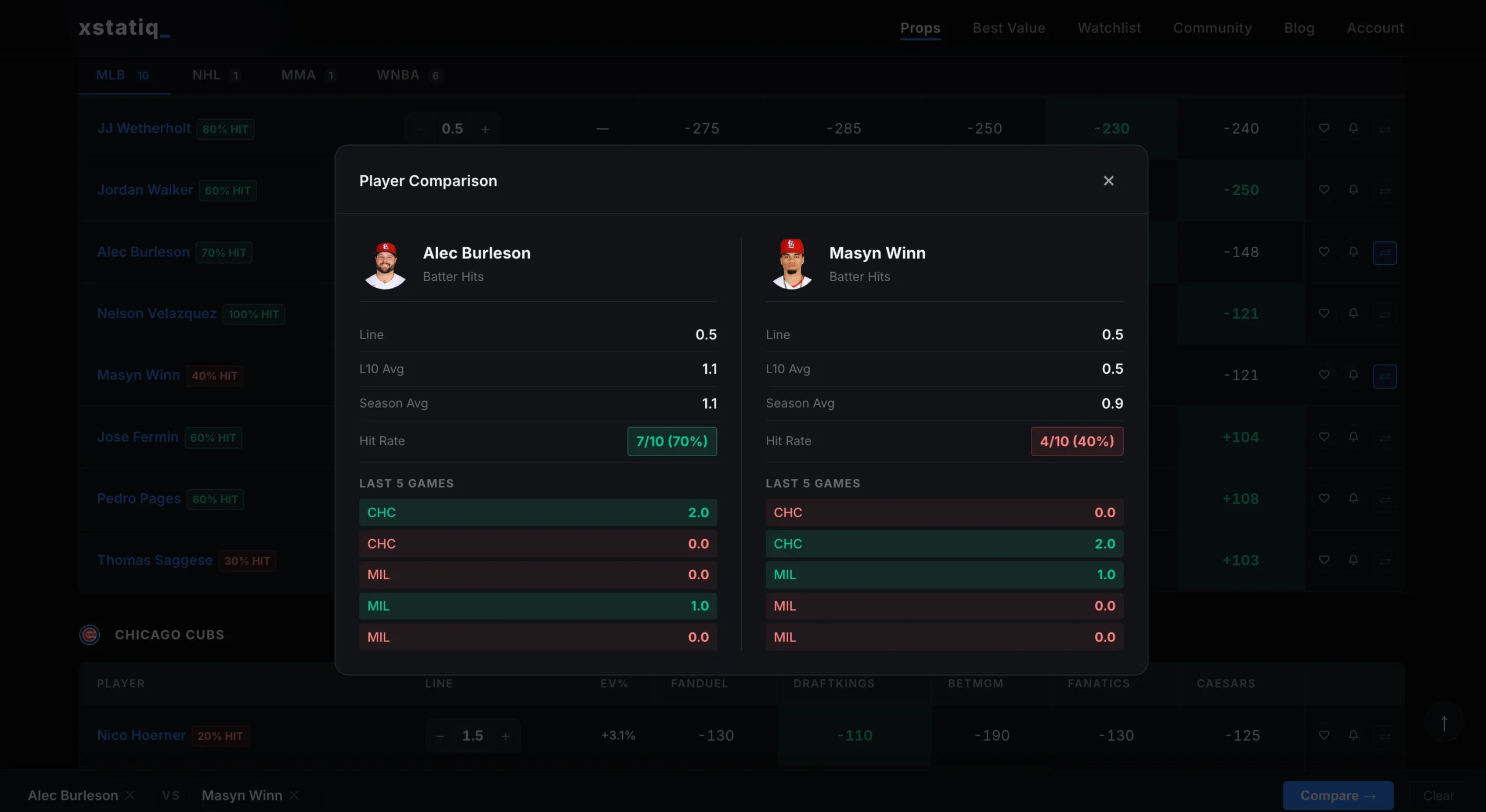 xstatiq Player Comparison Modal