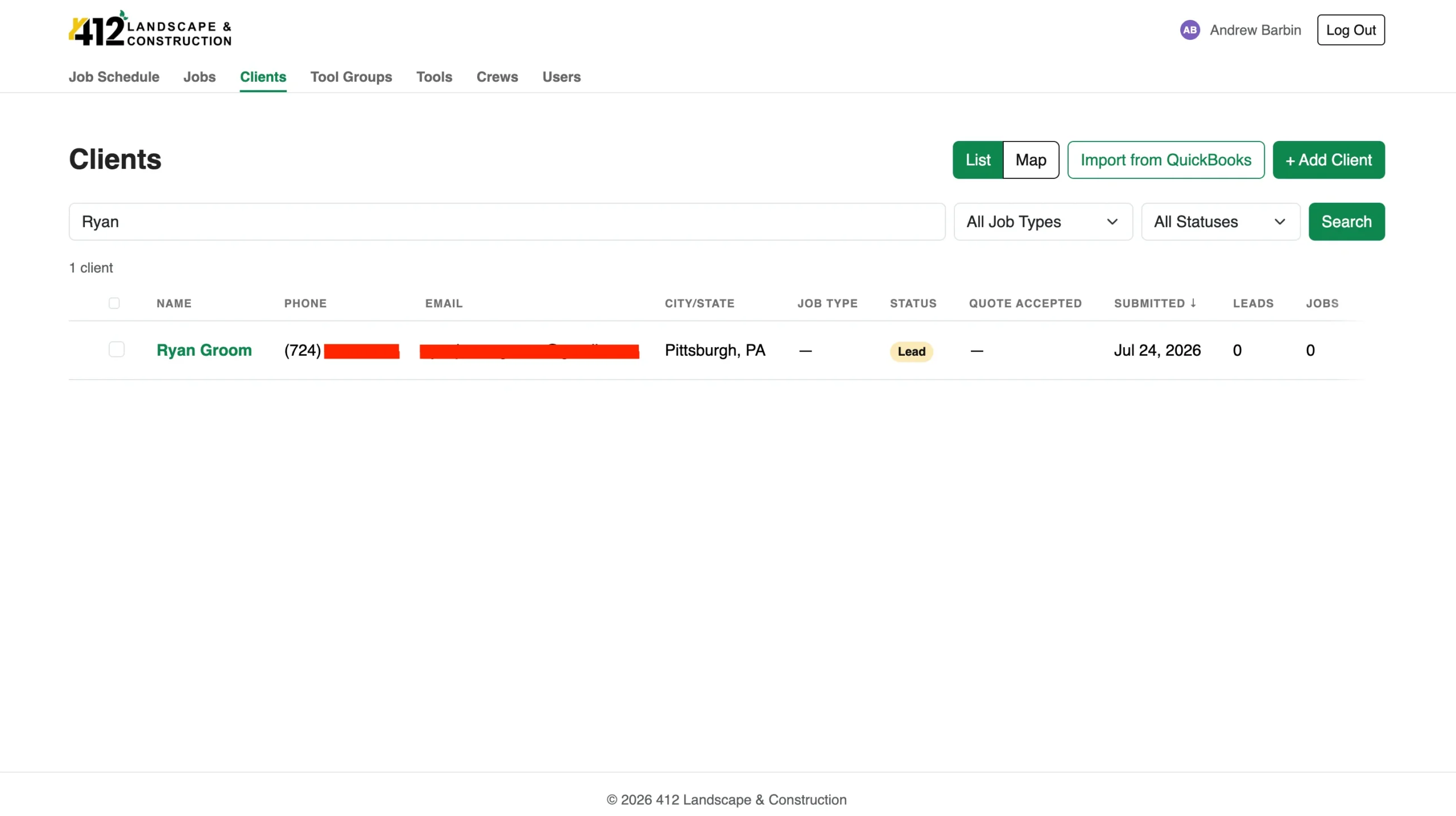 412 Landscaping Backend Clients Table Page