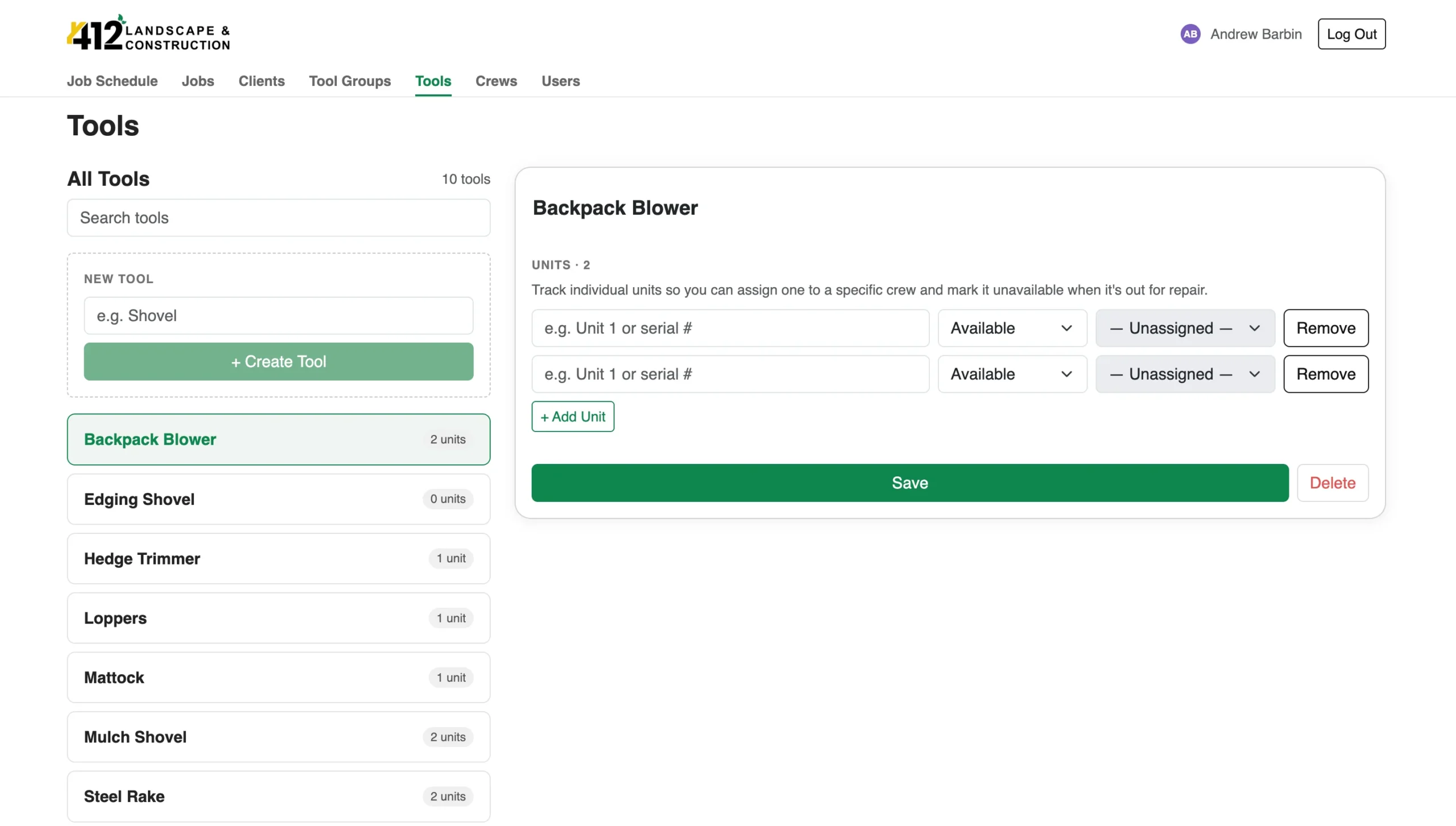 412 Landscaping Backend Tools Page